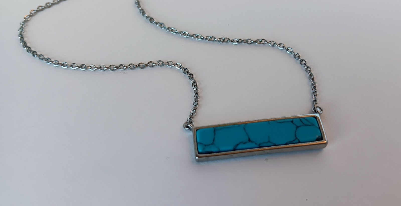 Signed Silvertone Turquoise Dyed Howlite Bar Charm Necklace 18-20 in