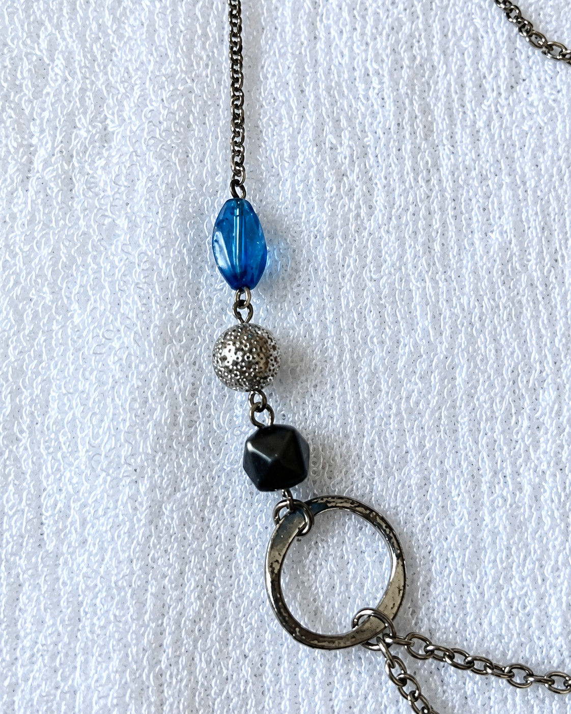 Blue Black Beaded Mixed Metal Long Station Double Chain Necklace 40″