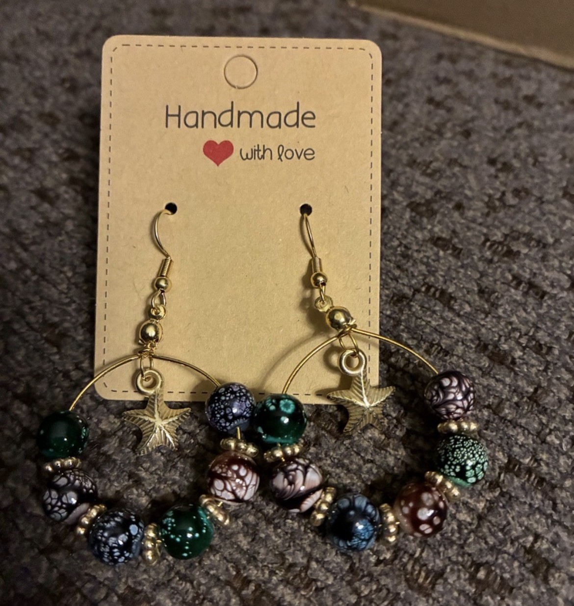 Handmade Gold Hoop Earrings with Multicolor Beads and Star Charm