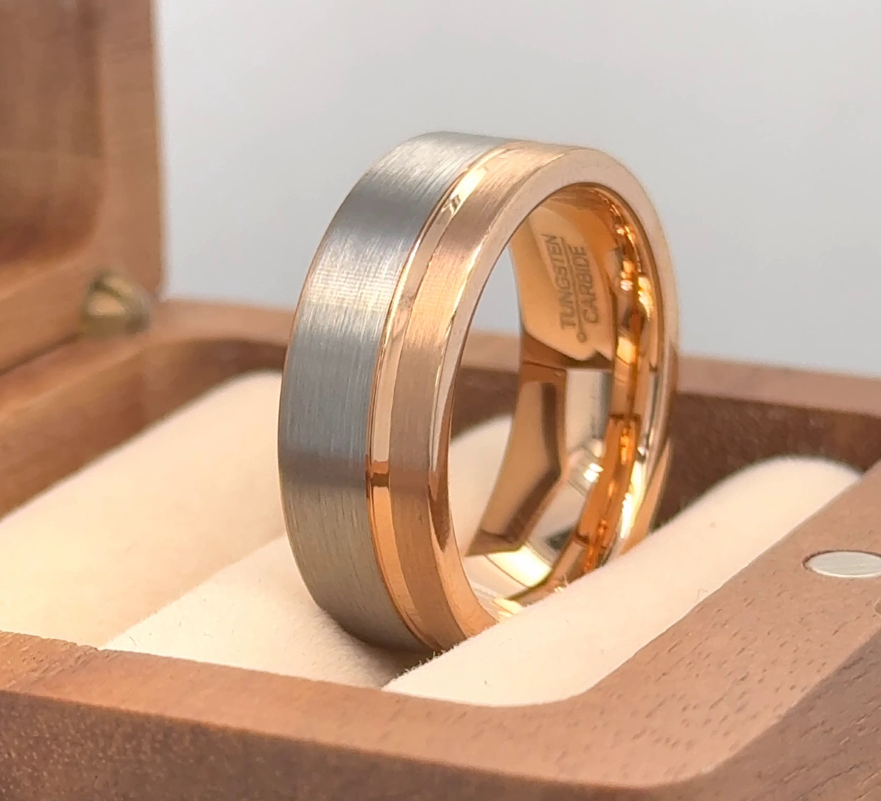 Silver Matt Finish Band Rose Gold Tungsten Ring Pipe Cut Grooved Xmas Gift Ring