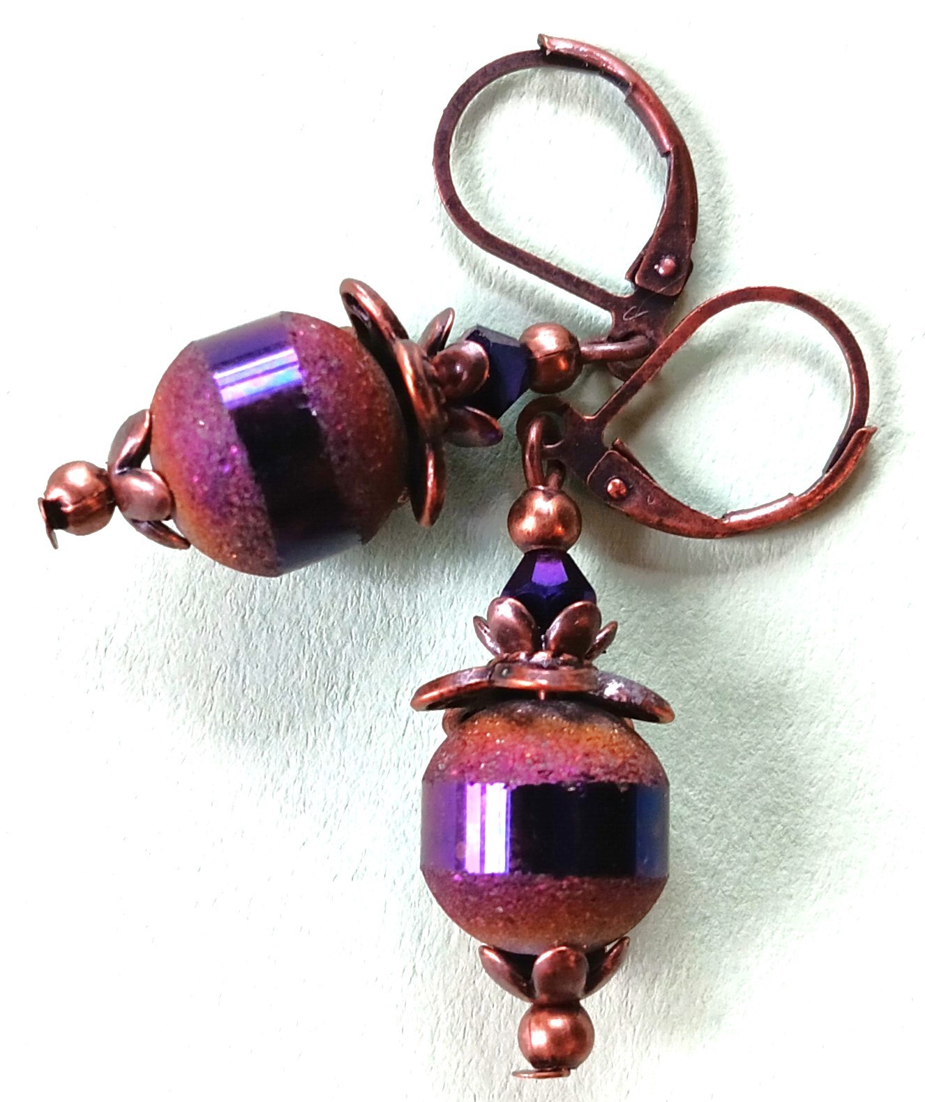PURPLE frosted CRYSTAL earring COPPER LEVERBACK handcrafted #XSP-b
