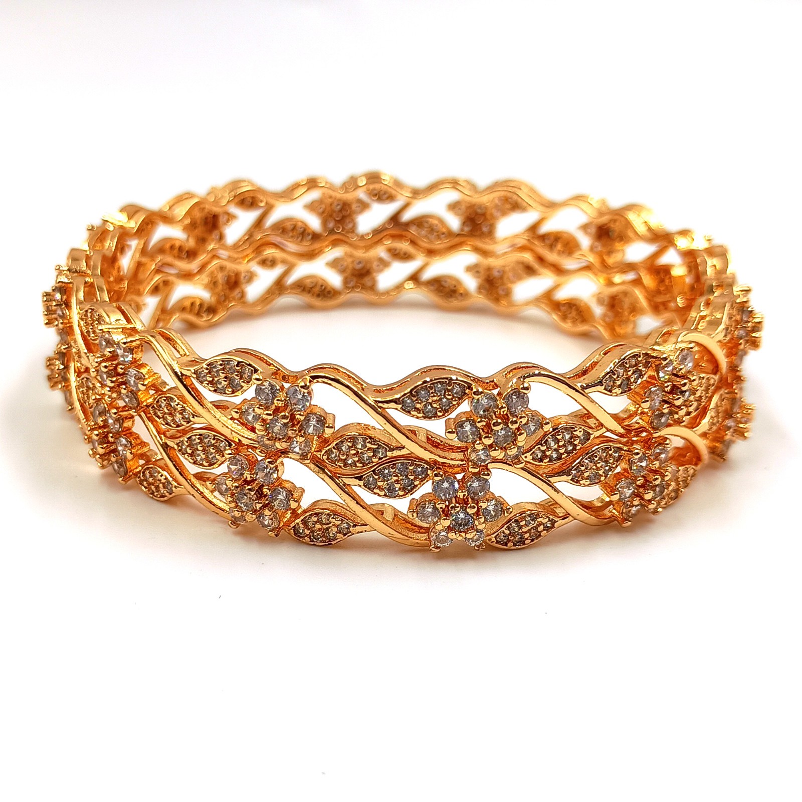 Cubic Zirconia 22k Rose Gold Plated Bangle, CZ American Diamond Bracelet 2 Pcs K