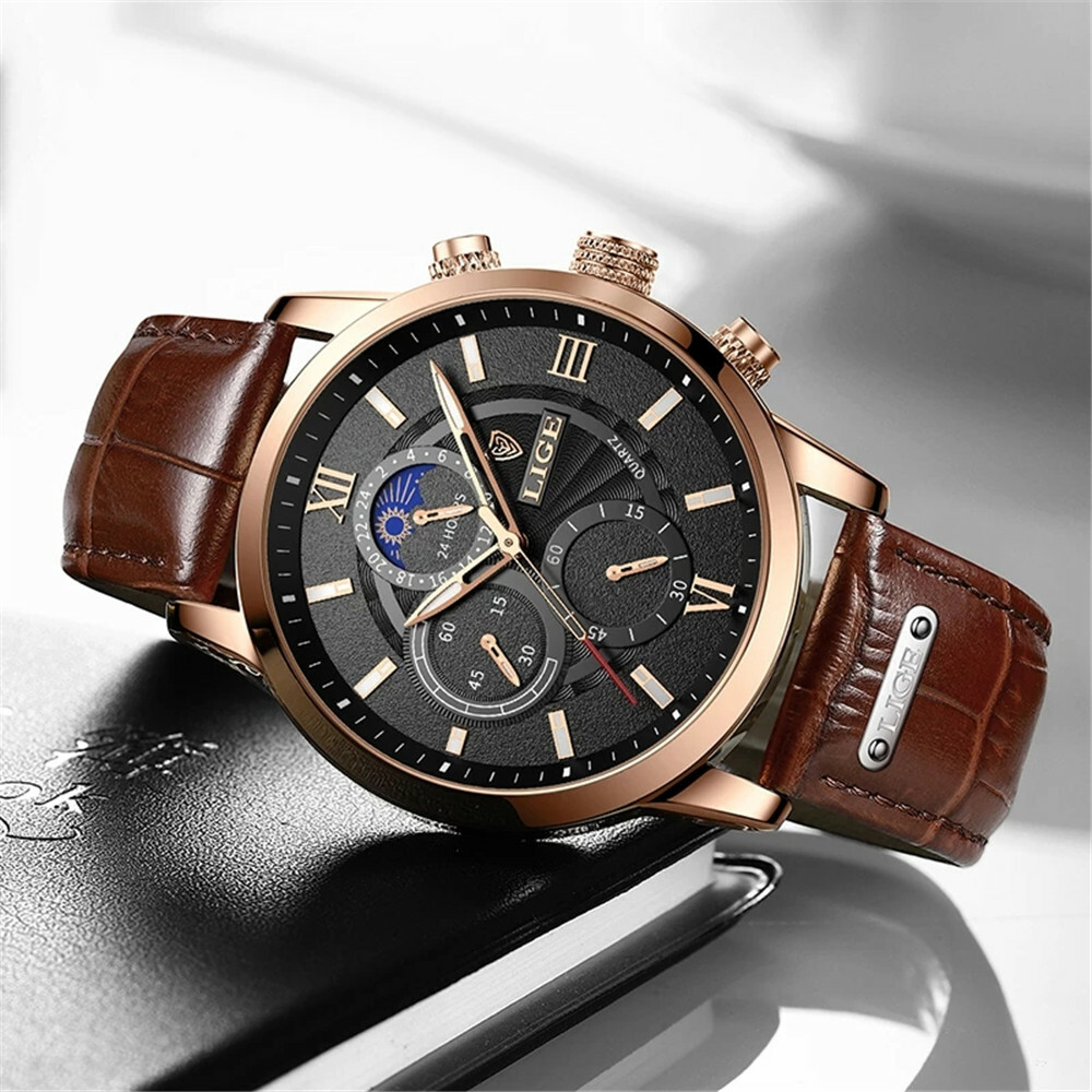 LIGE Men Watch Brown Leather Casual Business Male Calendar Wristwatch
