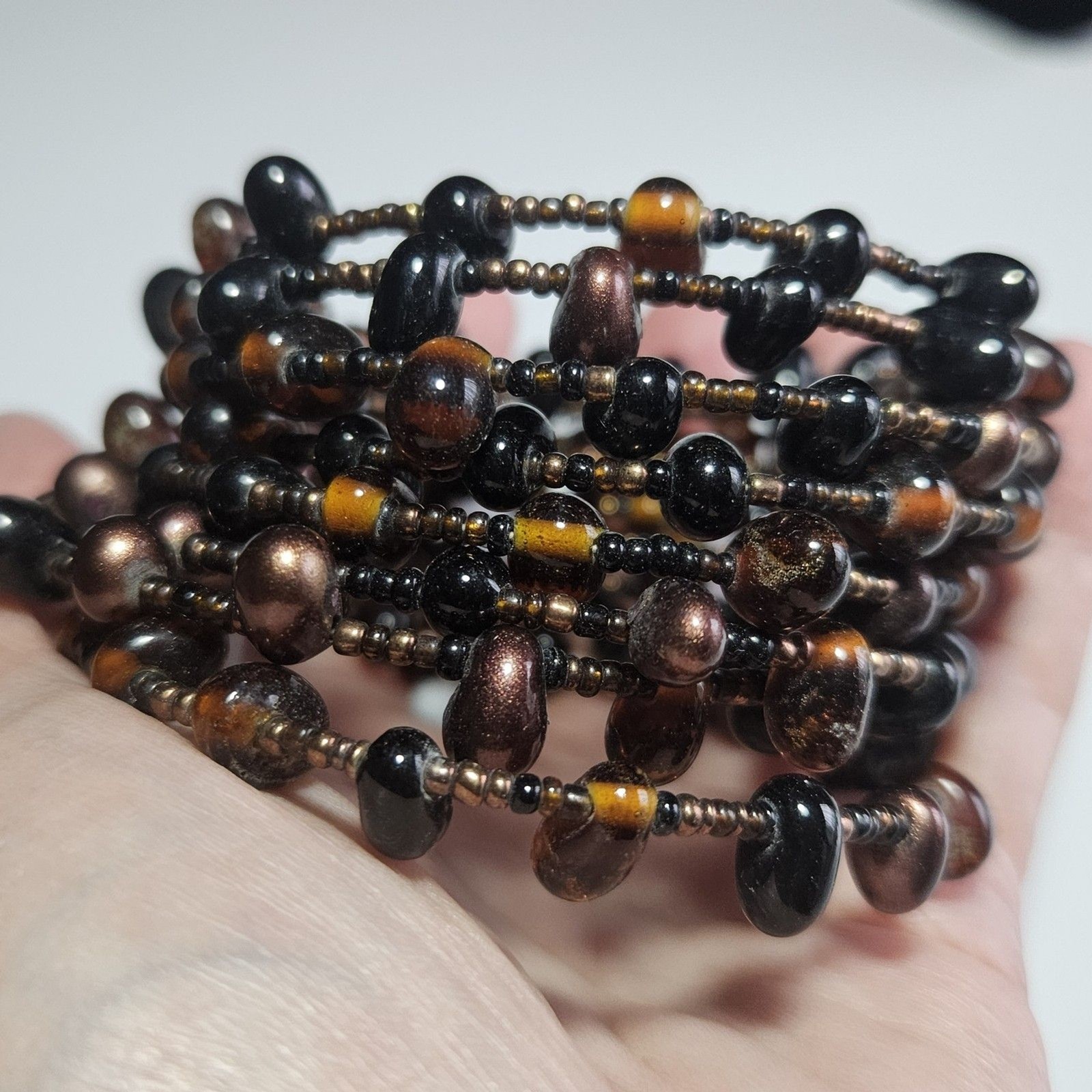 Brown Glass Beaded Wrap Around Bracelet Artisan Seed Bead