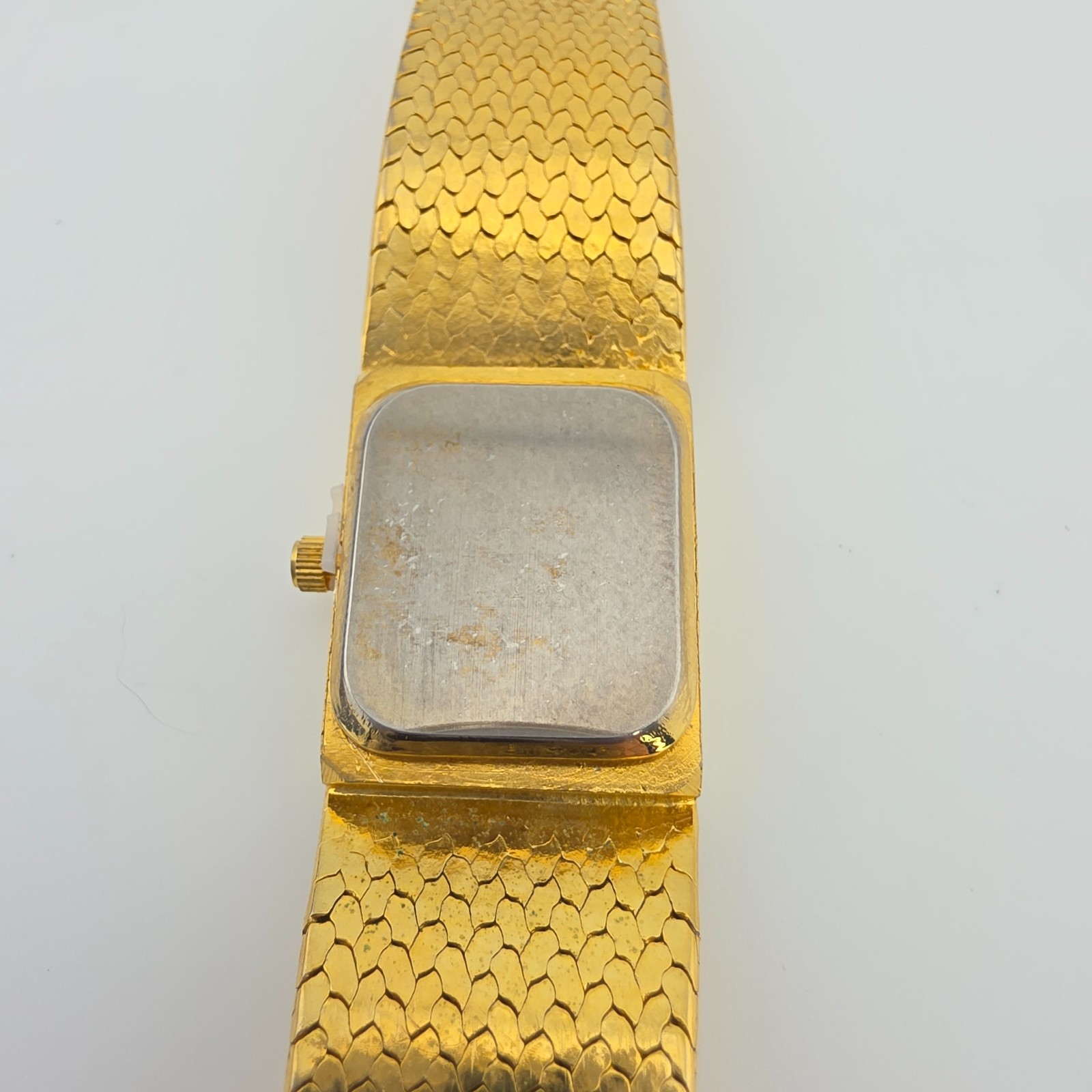 Vtg GENEVA Elegance Ladies Watch Crystal Indices Basket Weave Band Gold Plate 8″