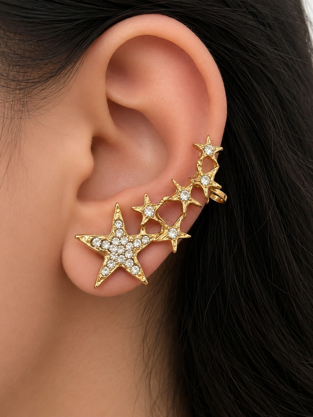 Gold Star Ear Climber Crawler Cuff Earring Single Piece Pierced Clip-on