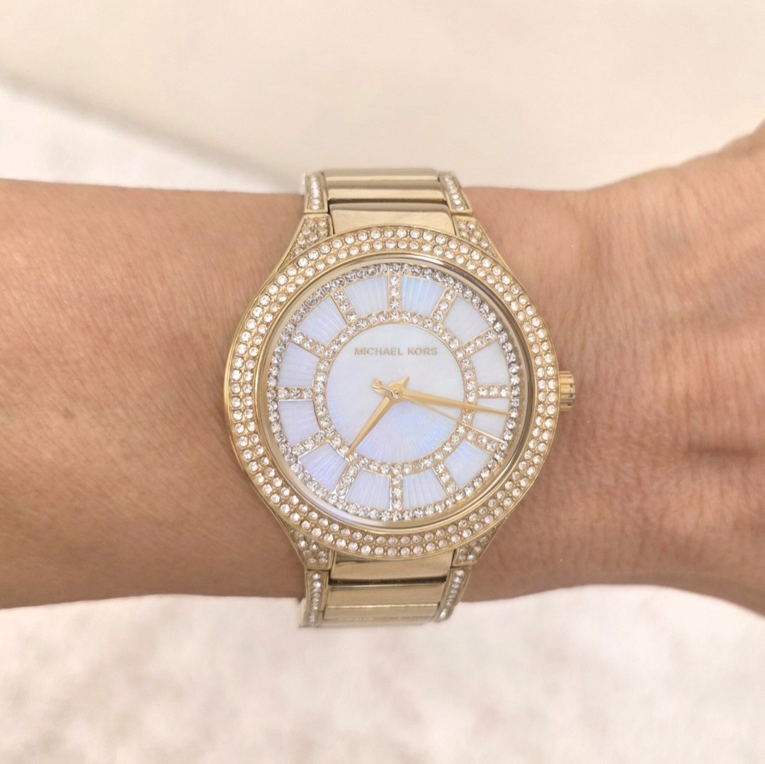 Michael Kors Gold Tone Crystal Pave Mother of Pearl MK Bracelet Watch