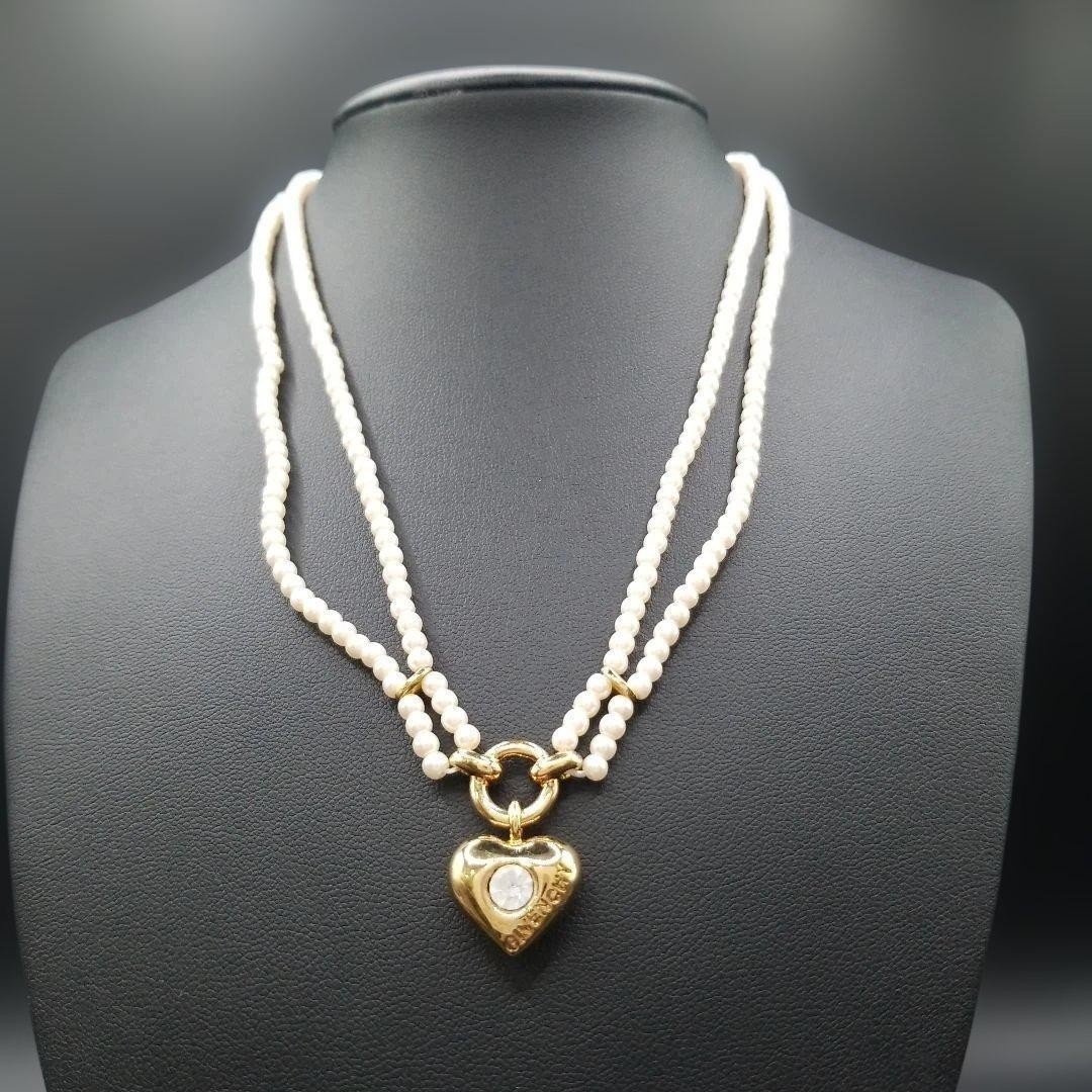 GIVENCHY Pearl Heart Motif Necklace Pendant Gold Tone Length 40cm Accessory