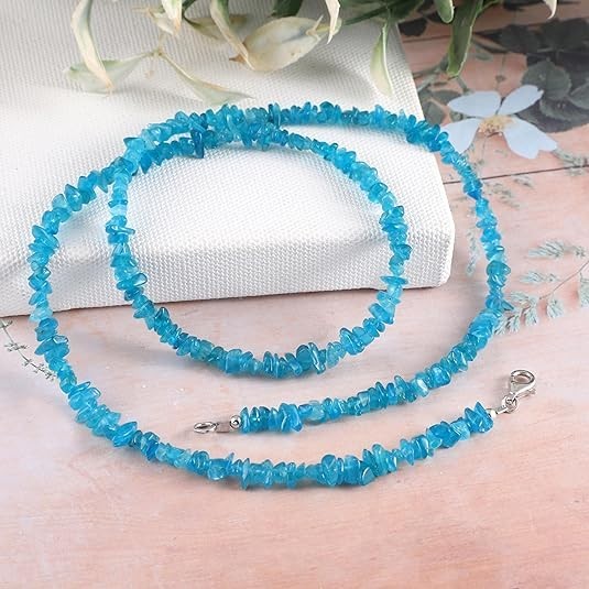 Neon Apatite Rough Nugget Beaded Necklace in 925 Sterling Silver, 24 Inch