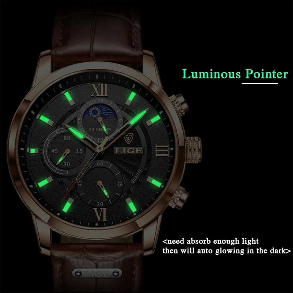 LIGE Men Watch Brown Leather Casual Business Male Calendar Wristwatch