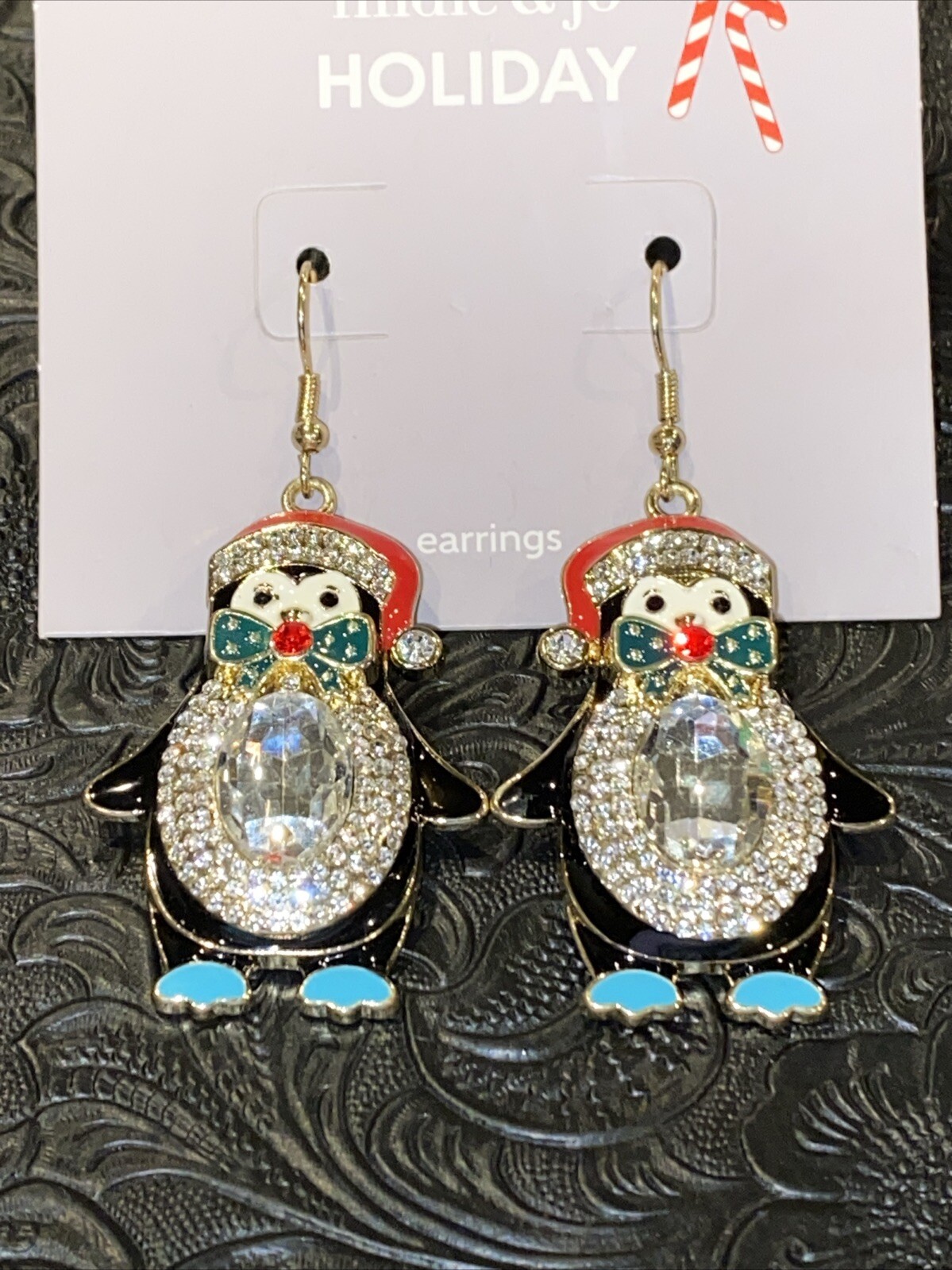 hildie & jo Penguin Earrings Rhinestones French Hook Back Christmas New
