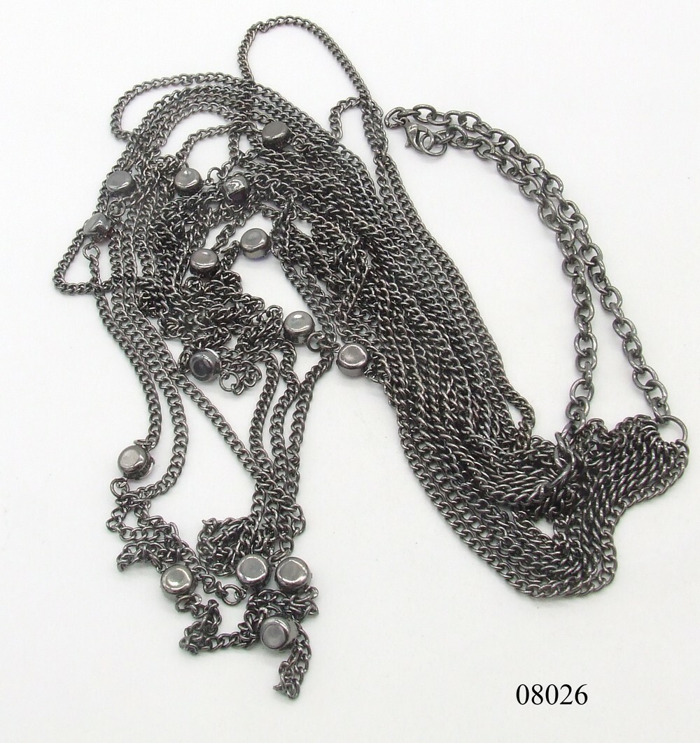 26″ Multi-strand Black Plated Multi-color Crystal Chain Necklace 8″ Deep Fuchsia
