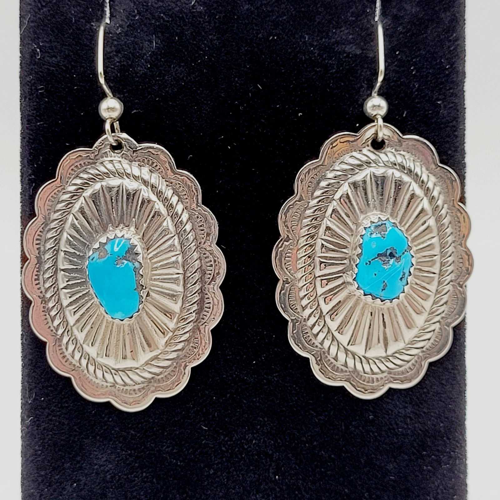 Southwestern Style Silver Tone Turquoise Concho Dangle Pierced Hook Earrings