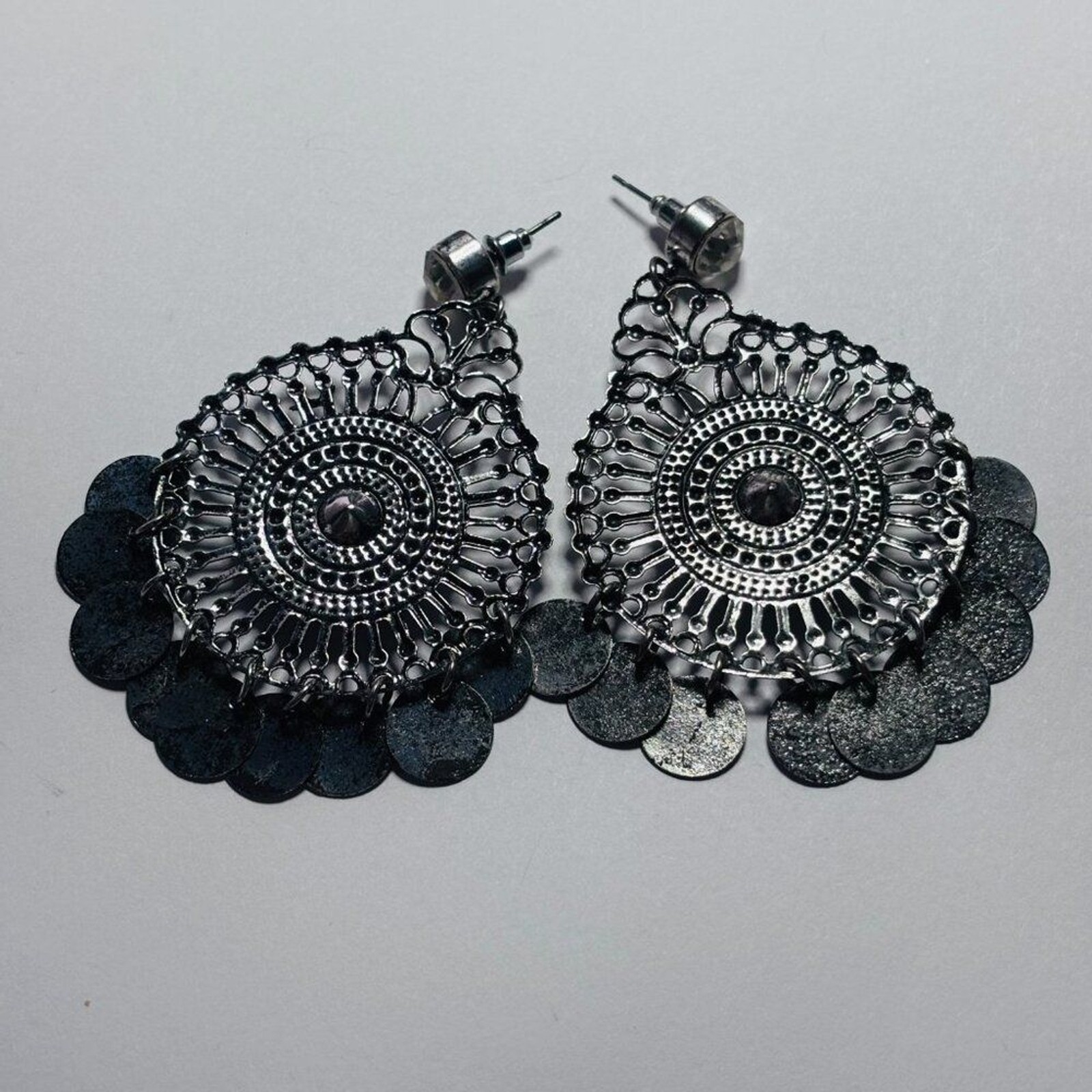 Boho Silver Tone Turquoise Medallion Drop Dangle Earrings