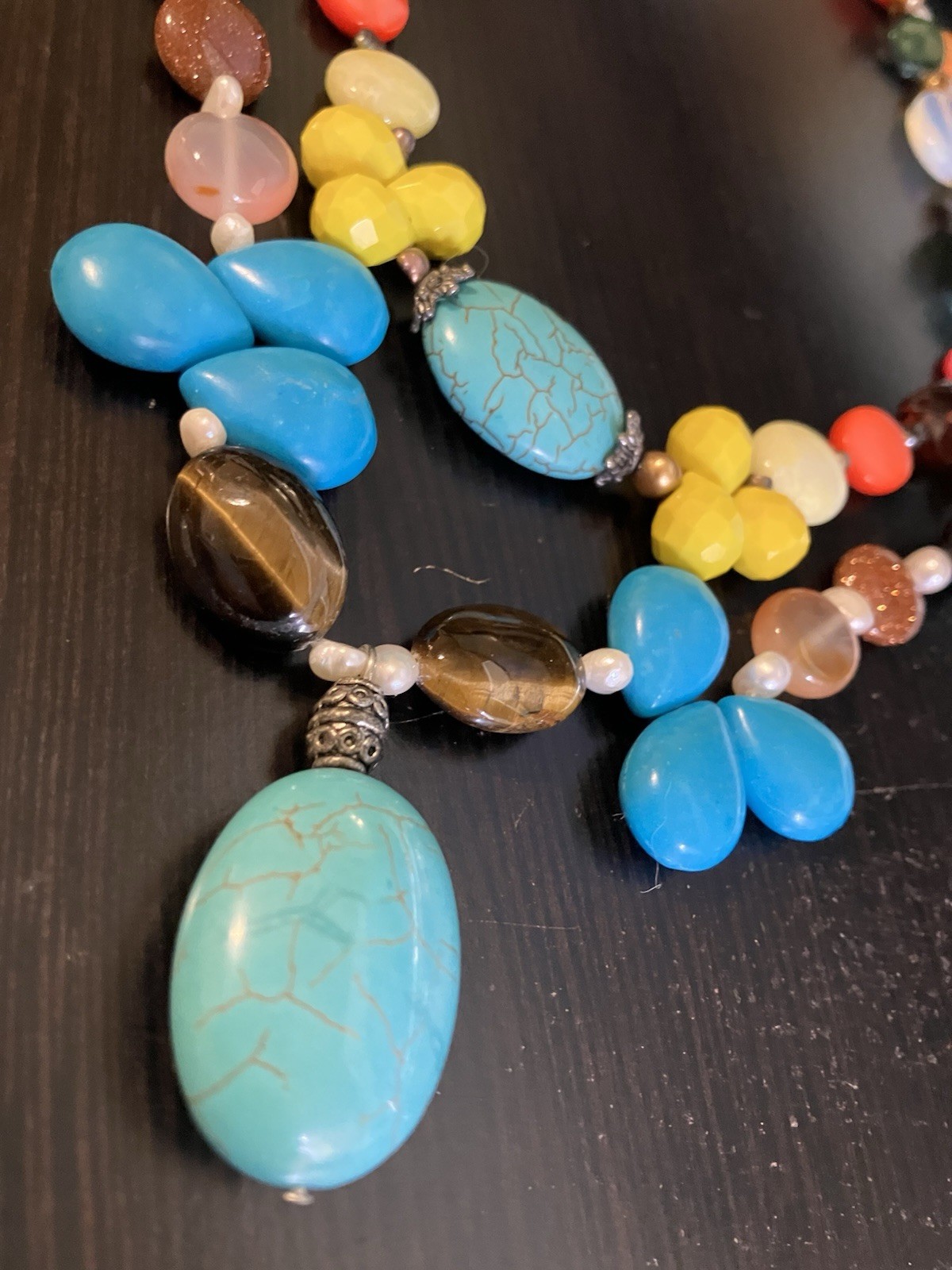Lovely Faux Turquoise & Semi-Precious Colorful Gemstones Multi-Strand Necklace