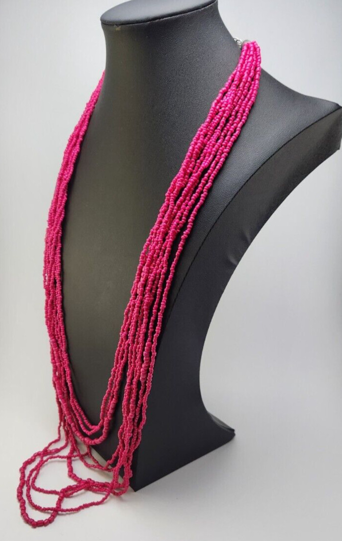 Graduating Deep Pink Seed Bead Layered Statement Necklace, 10 strands 37 in long