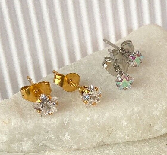 PAIR Star CZ Gem Stud Earrings 316L Surgical Steel, choose color & gem size