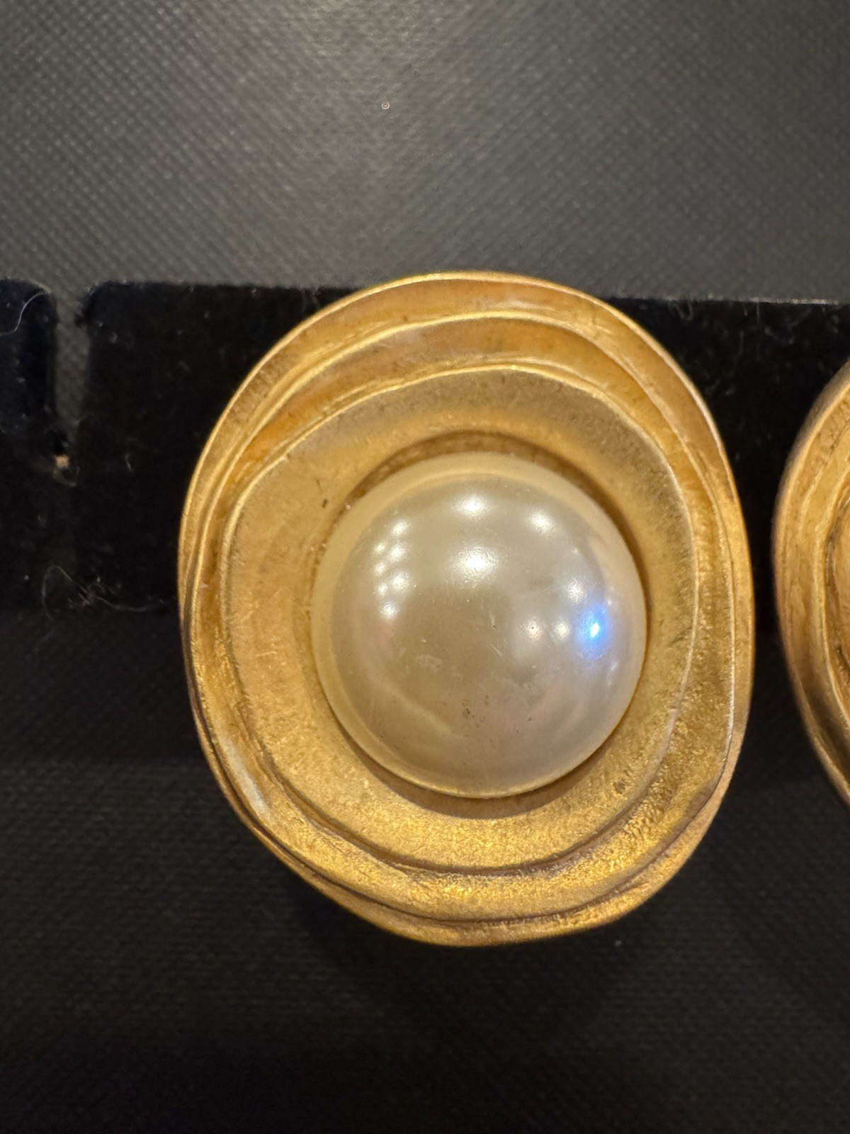 Vintage Gold Faux Pearl Earrings Delizza & Elster D&E Huge Statement Ripple Oval