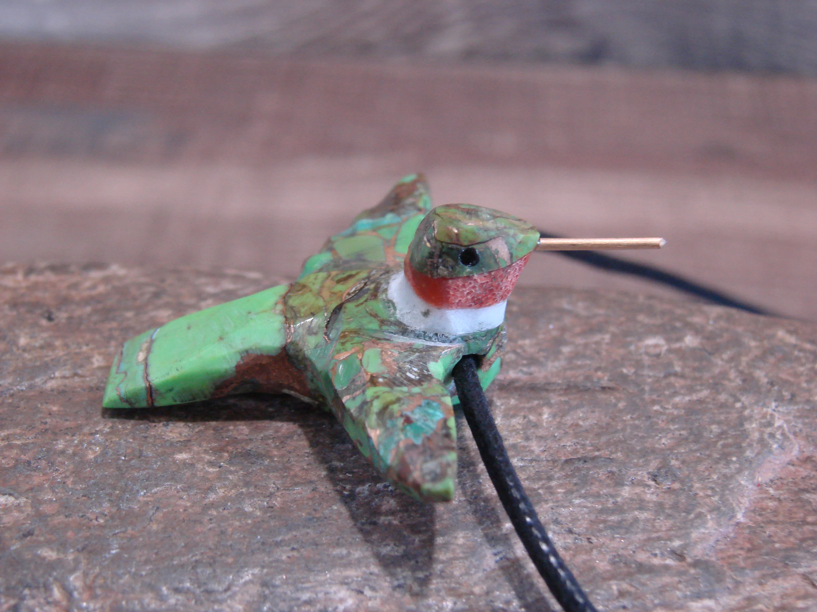 Hand Carved Bronze Gaspeite Aggregate Hummingbird Fetish Necklace – Mitchell