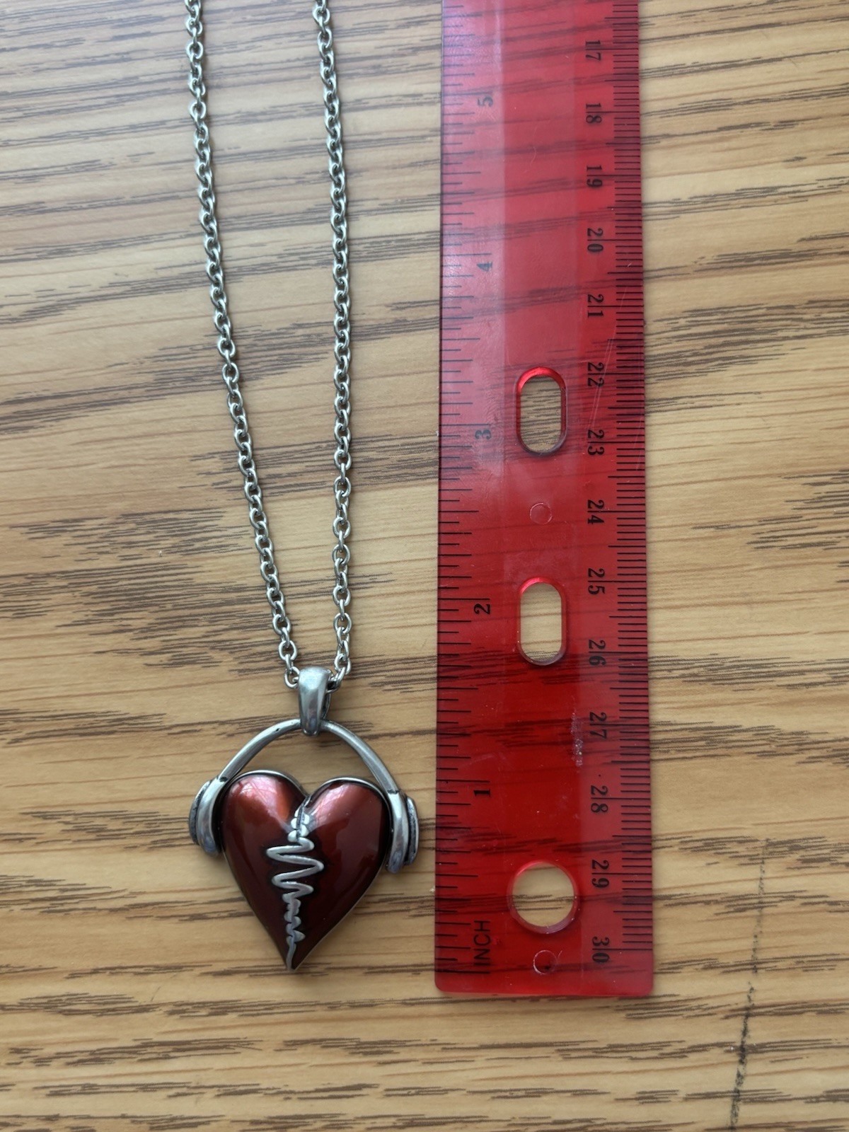 Silver Tone Cable Chain Necklace Red Heart Charm Pendant Love Music Theme