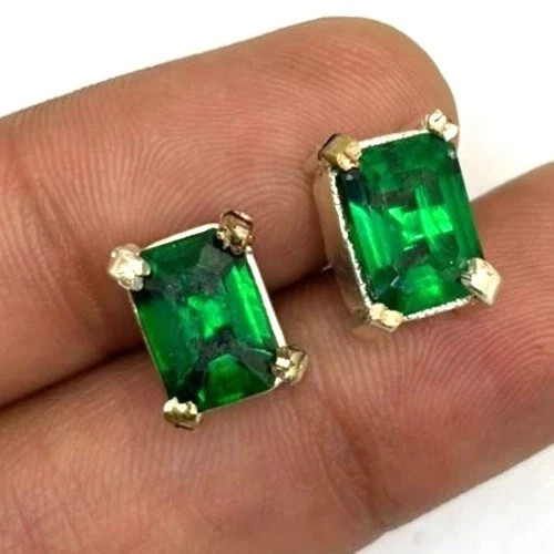 9 Ct Natural Green Emerald Stud Earrings Emerald Cut loose Gemstone 925 Silver