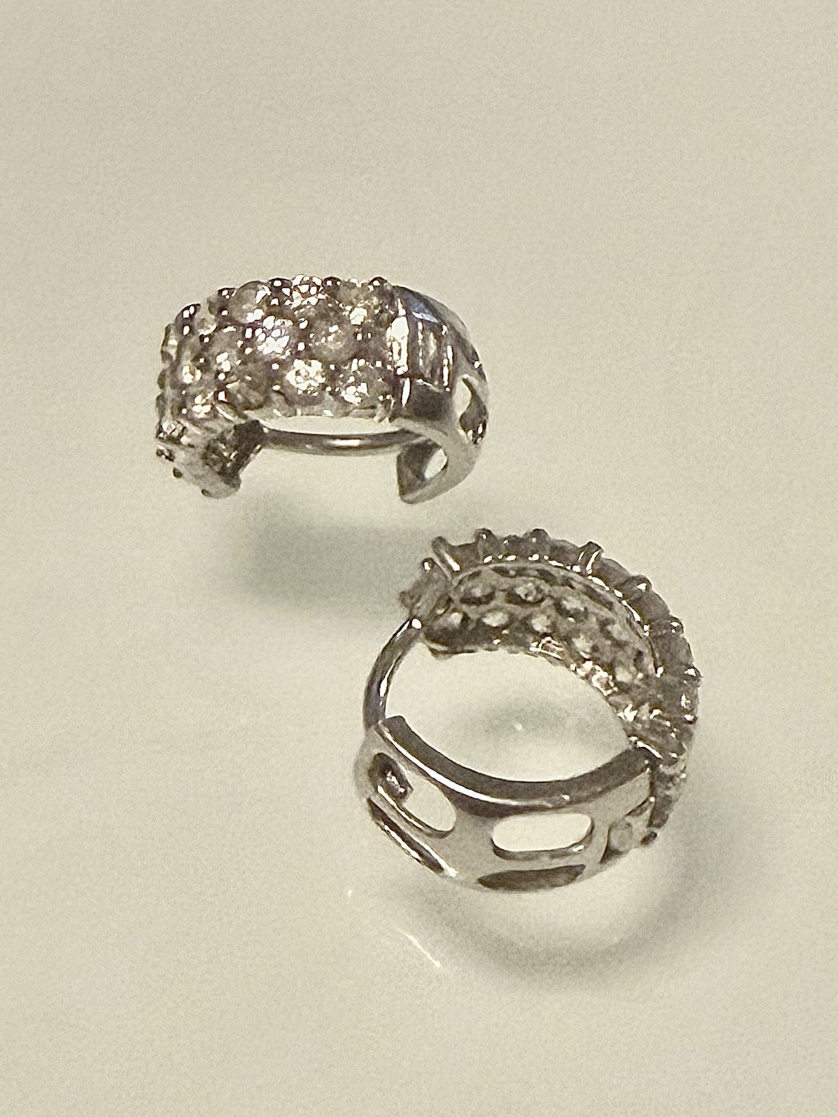 14 KT WHITE GOLD/3 ROW PAVE SET CZ HUGGIE HOOP 12.7 MM EARRINGS / 2.25 GRS