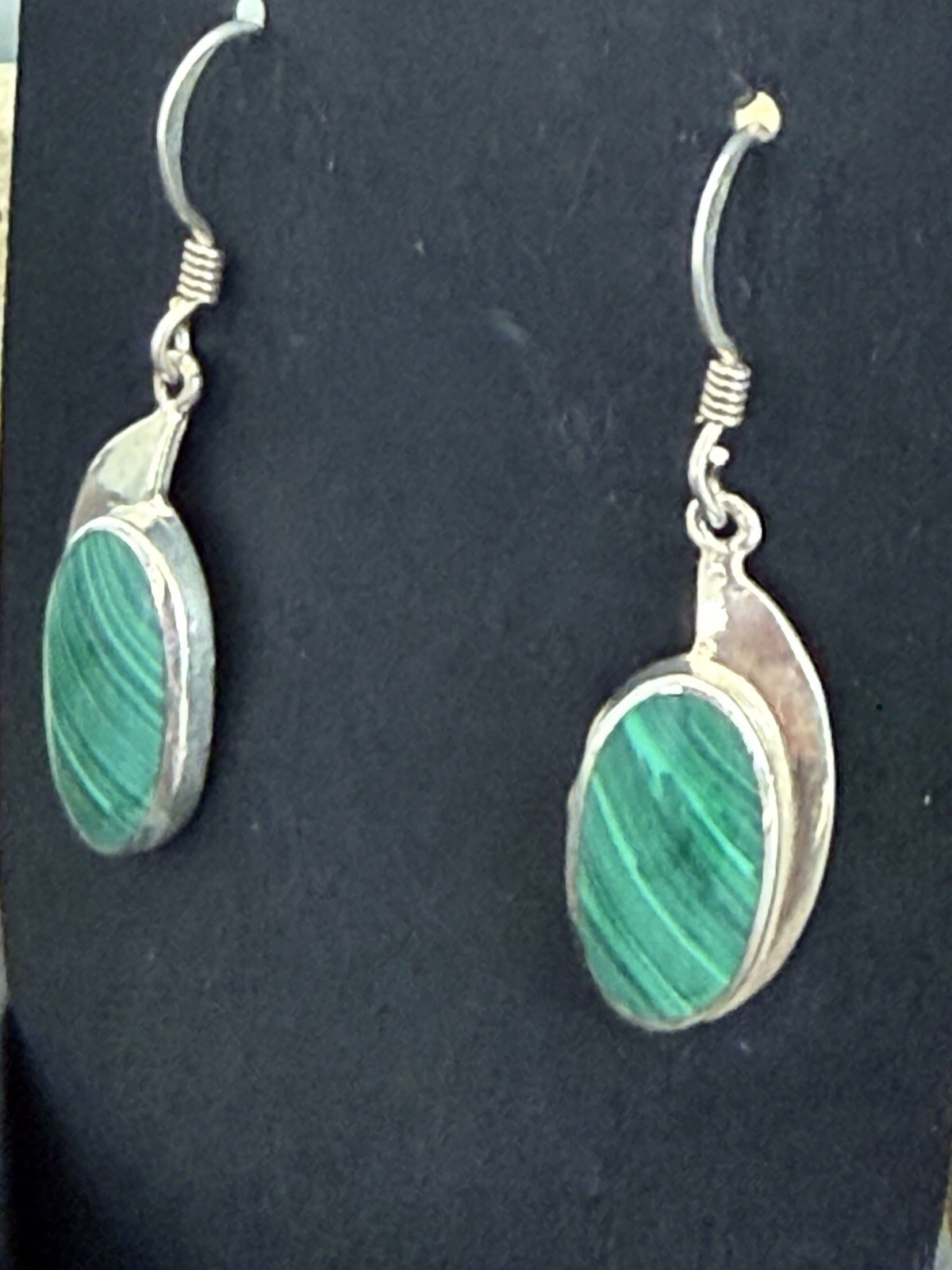 925 Sterling Silver Malachite Oval Bezel Dangle Hook Earrings Signed 1.5″