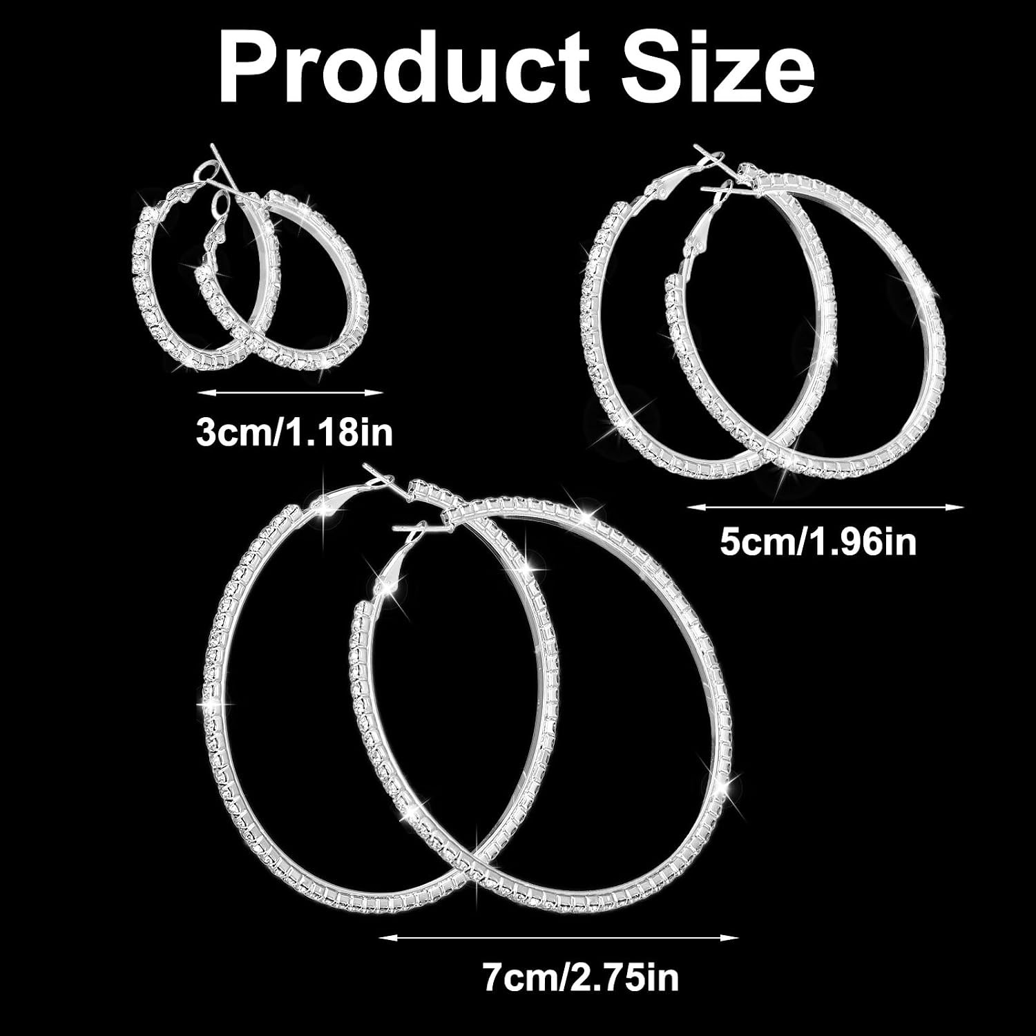 3 Pairs Rhinestone Hoop Earrings Set, 3/5/7 Cm Shiny round Party Lightweight Rhi