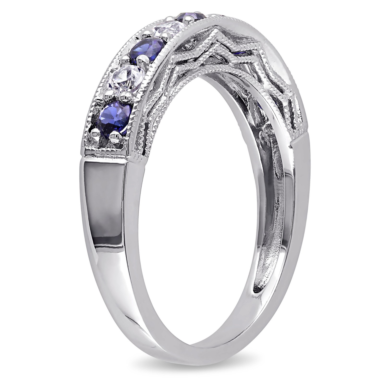 Amour Sterling Silver Created Blue and White Sapphire Semi-Eternity Ring