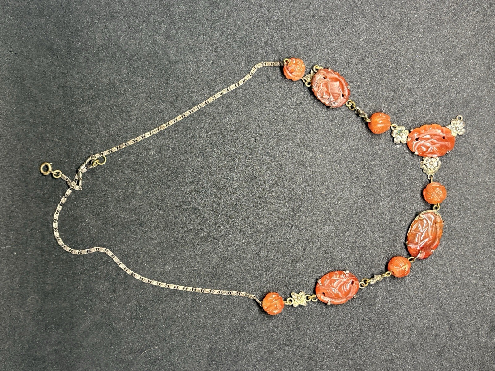 Vintage Chinese Export Silver Tone Filigree Carved Carnelian Lavalier Necklace