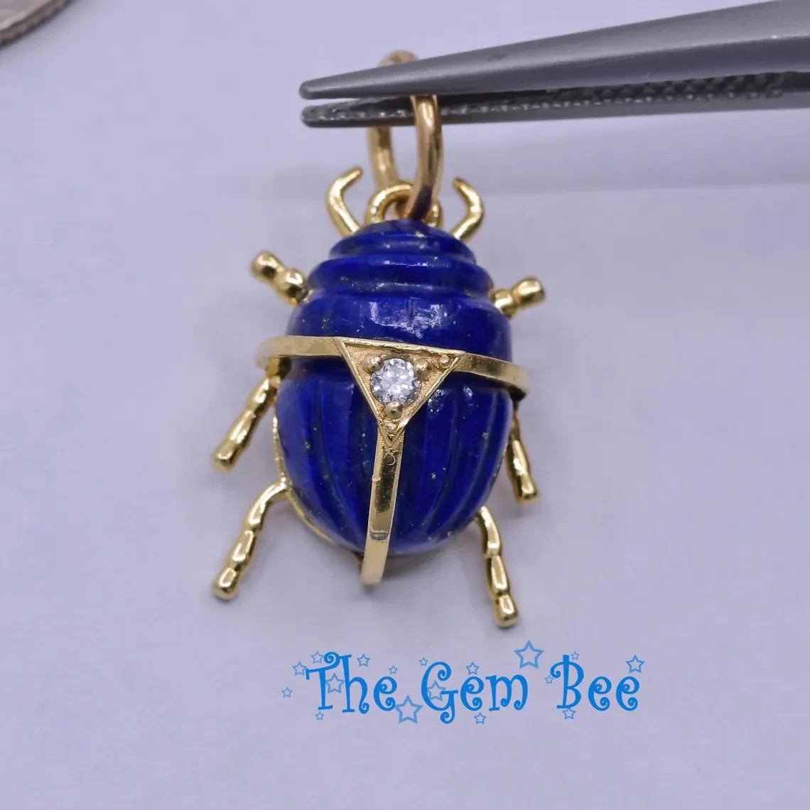 13.3mm 14k Yellow Gold Diamond Lapis Lazuli Scarab Beetle Bug Charm Pendant