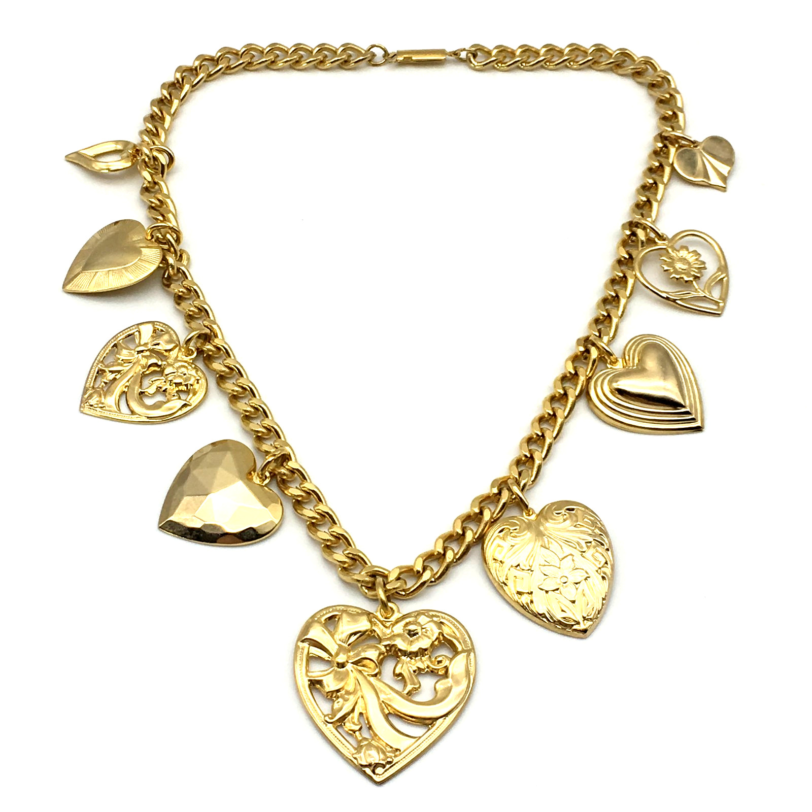 Vintage GoldTone Various Size Heart Charms 16″ Chain Necklace Push Lock Clasp