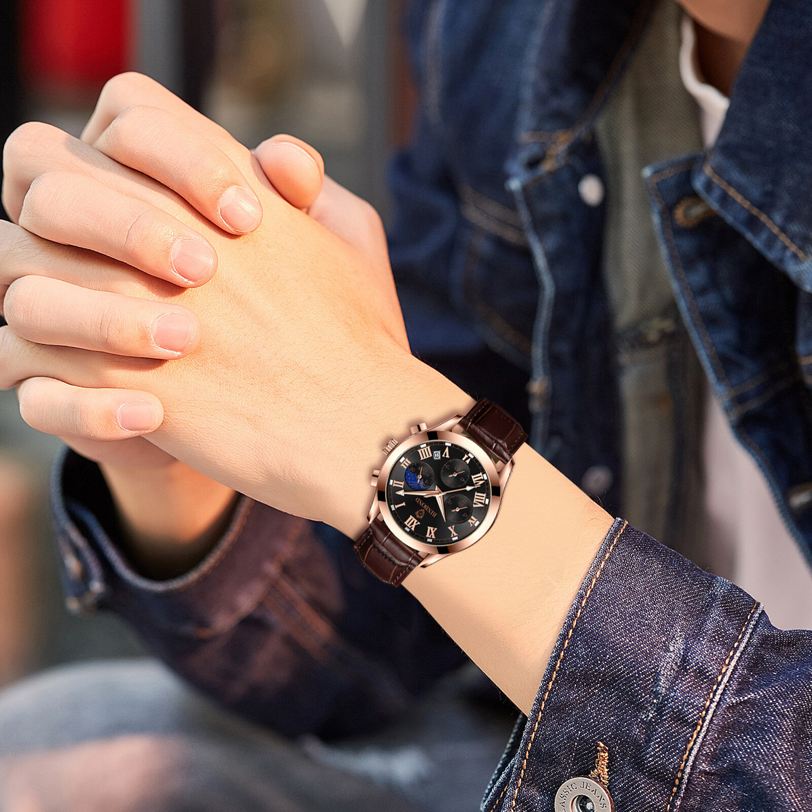 Men’s Waterproof Chronograph Dial Leather Band Causal Analog Quartz Date Watch