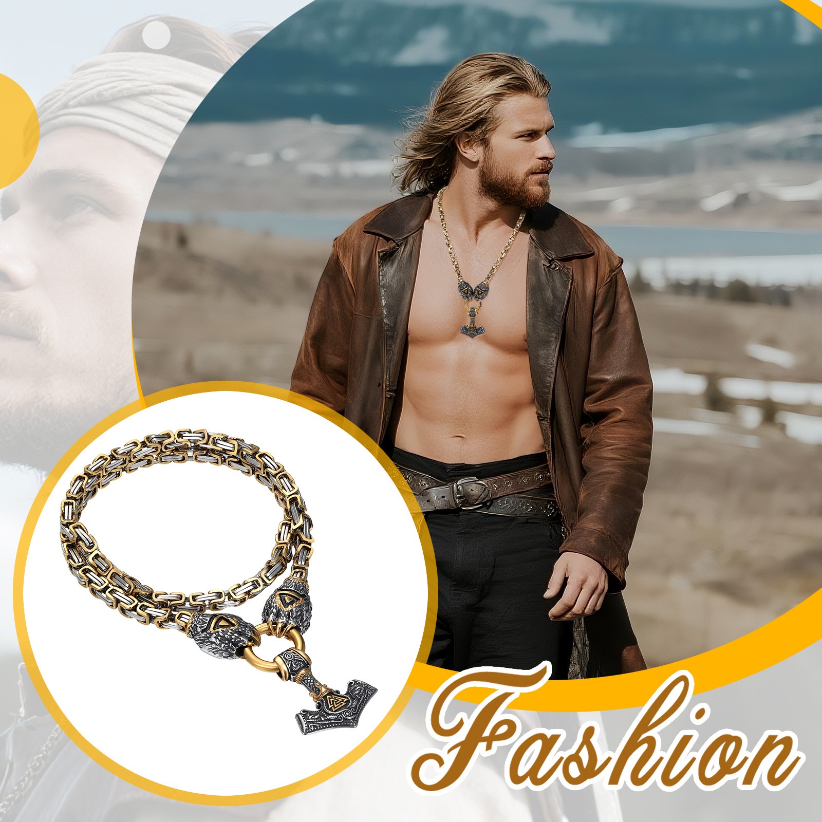 Men’s Viking Thor’s Hammer Stainless Steel Necklace Bear Claw Byzantine Chain