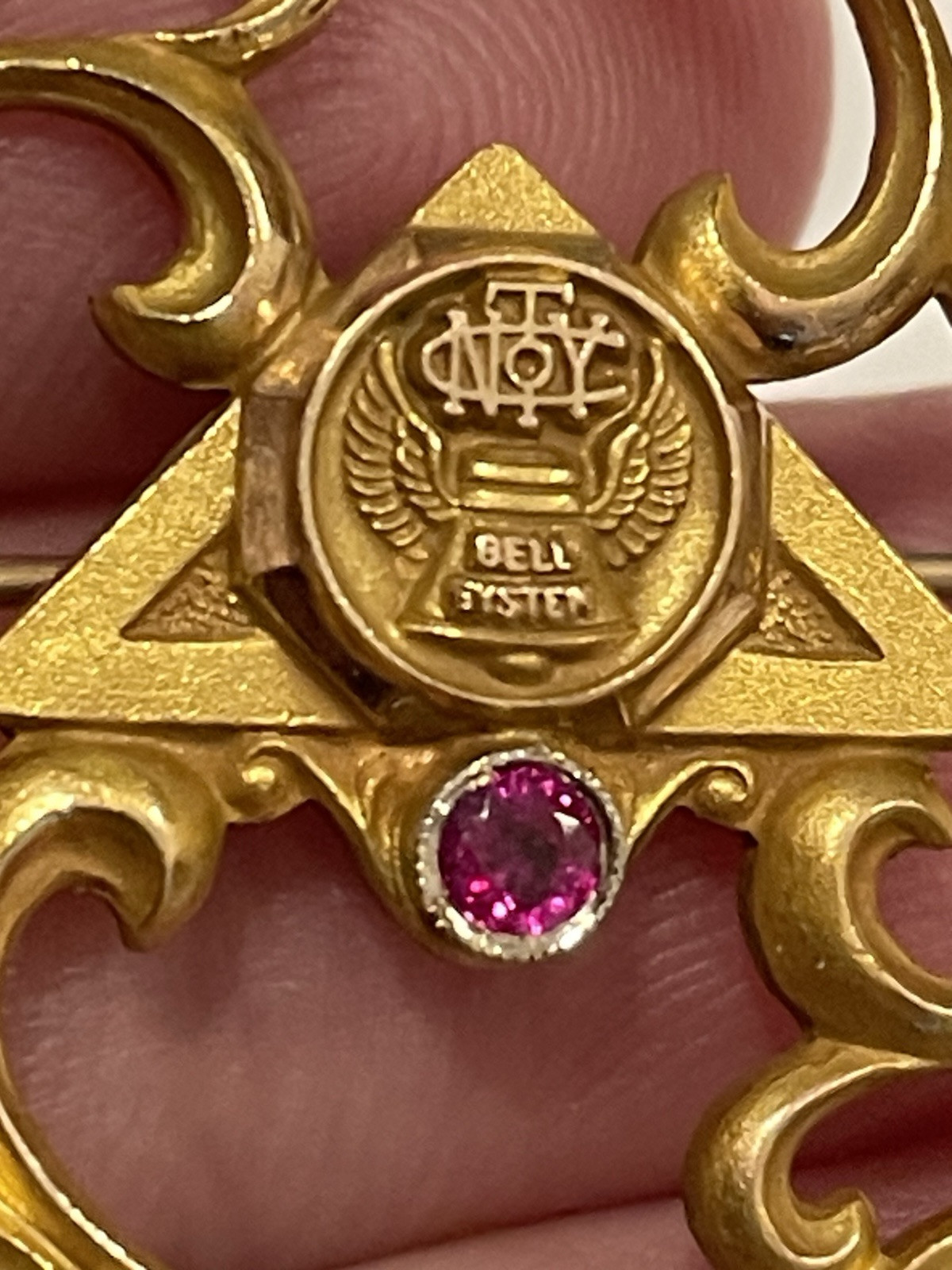 Vtg NTY Bell Systems 1/5 10k Gold Filled Ruby Pin Pendant Brooch