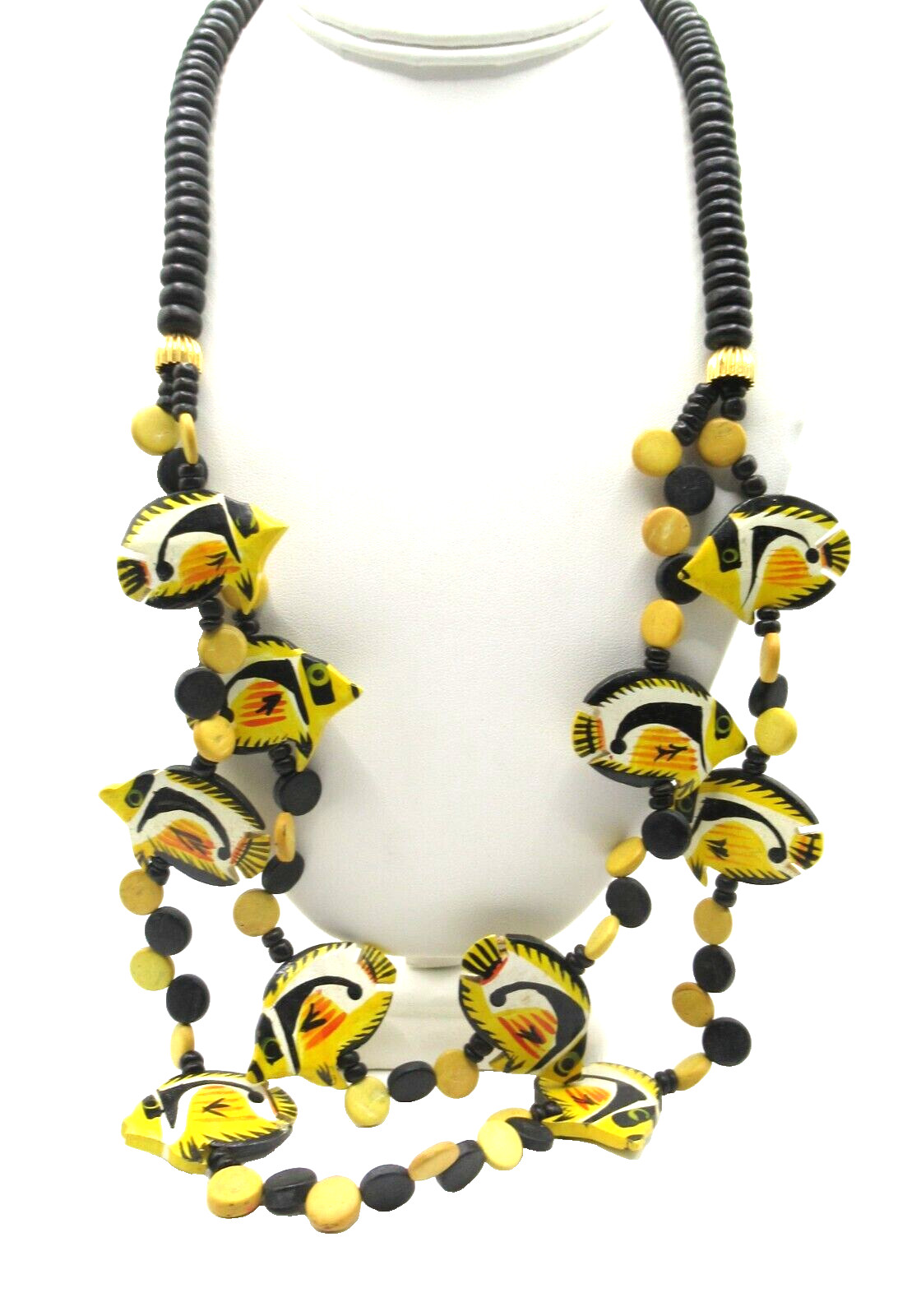 Vintage Wood Carved Fish Necklace Colorful Black Yellow Red Tribal