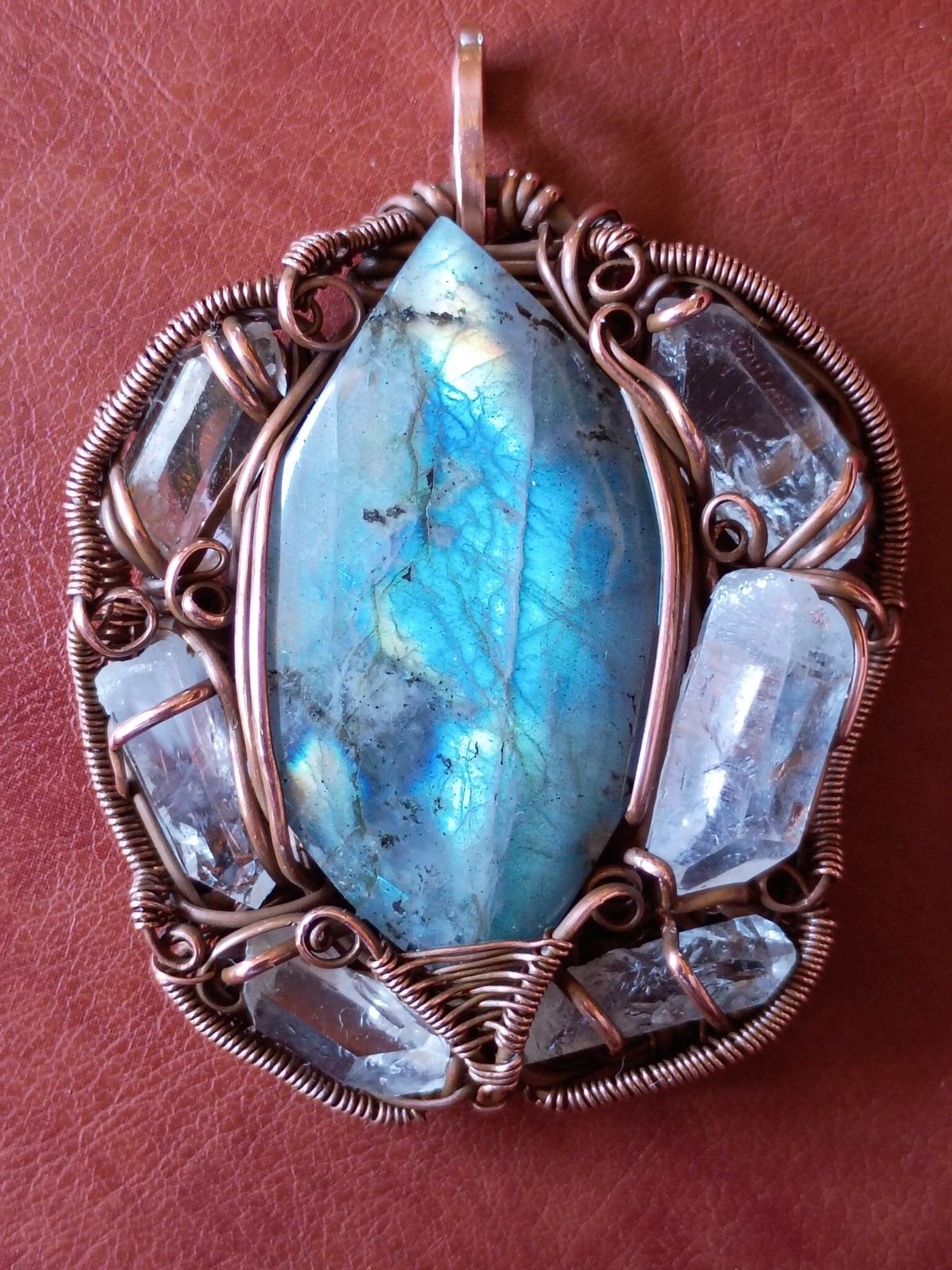 Labradorite Surrounded In Quartz Crystals Wirewrap Pendant Copper Statement