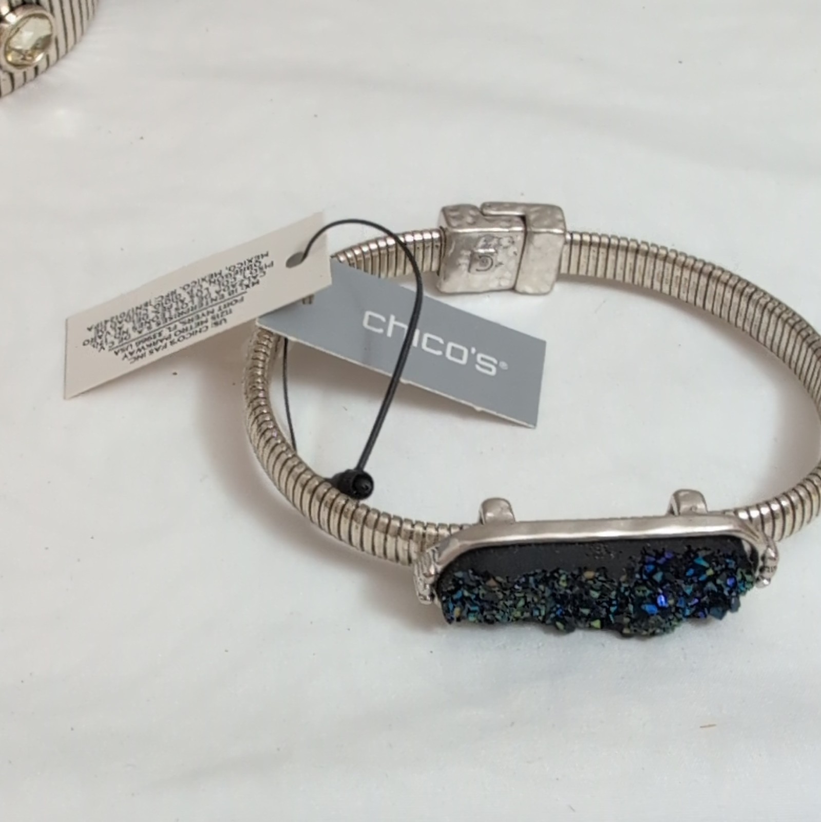 Chico’s Jewelry Set of 3 Stackable Silver Tone Bracelets, Blue Druzy, Gift Pouch