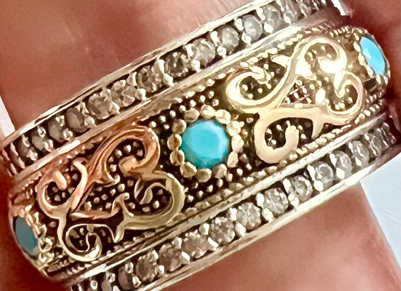 REAL Diamond Blue Turquoise SOLID 14K Gold & 925 Ring Band ETRUSCAN Rev. Size 6