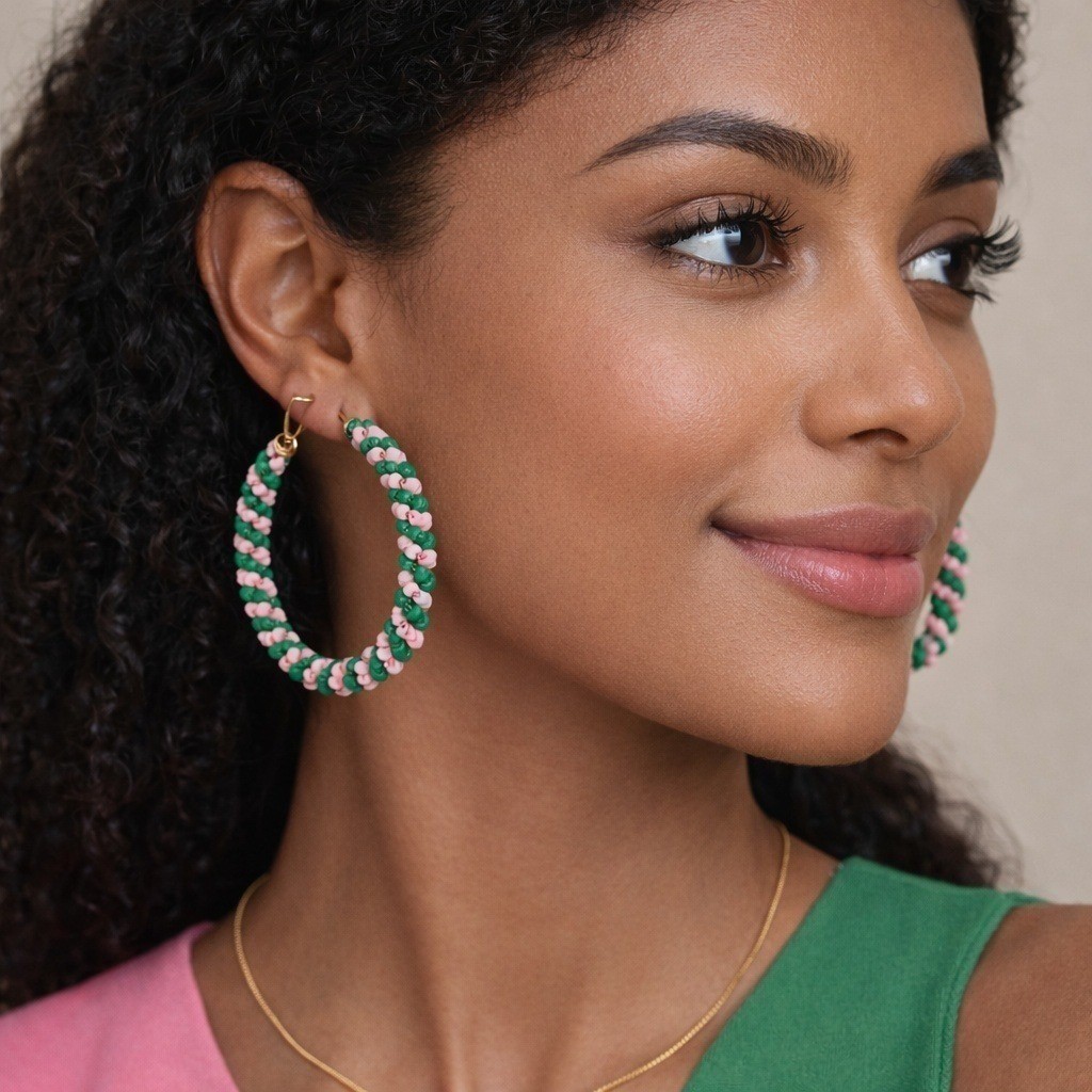 Pink and Green Seed Bead Gold Tone Large Hoop Earrings Boho Latch Back