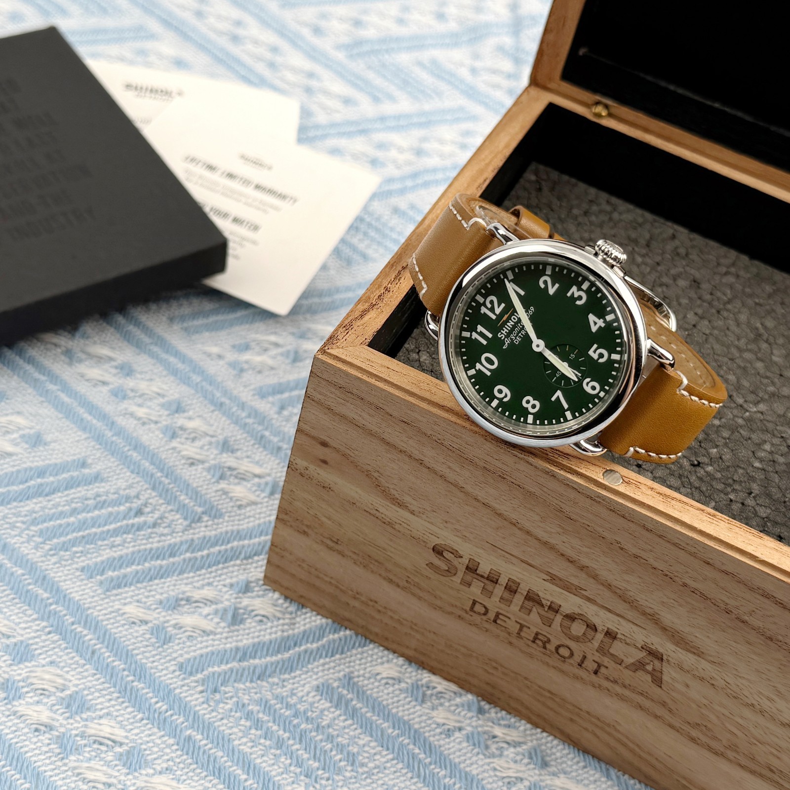 New Shinola The Runwell Green Dial Tan Leather Strap Quartz Men’s Watch 41mm