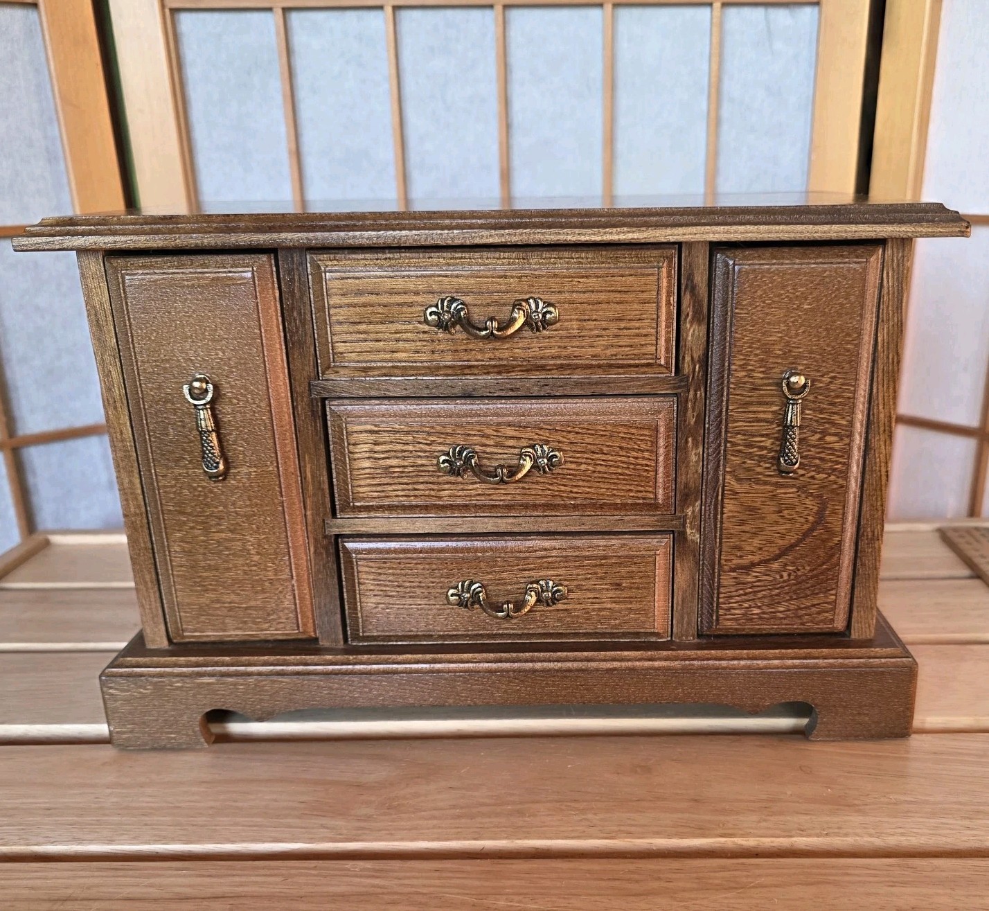 70-80s Wooden Credenza Jewelry Box Chest Armoire Side Wings Country Charm