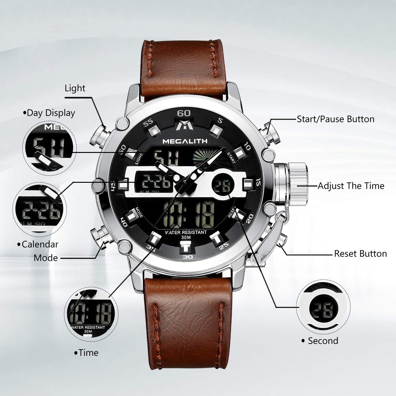 Mens Watches with Leather Waterproof Digital Military Sport Tactical Multifun…