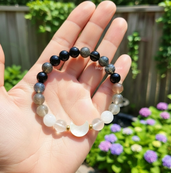 Protection Crystal Moon Charm Moonstone Labradorite Stone Bracelet Women Jewelry
