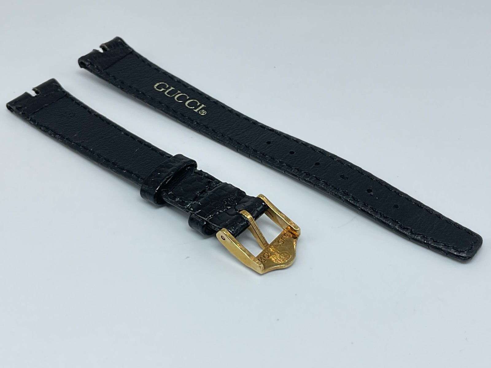 NOS 13MM GENUINE GUCCI BLACK PETITE LEATHER STRAP BAND LIZARD GRAIN YELLOW BUCKL