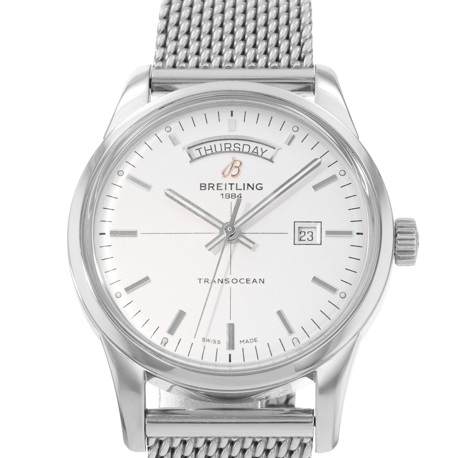 Breitling Transocean Day & Date A45310 43mm Silver Dial Steel Mens Watch 2015