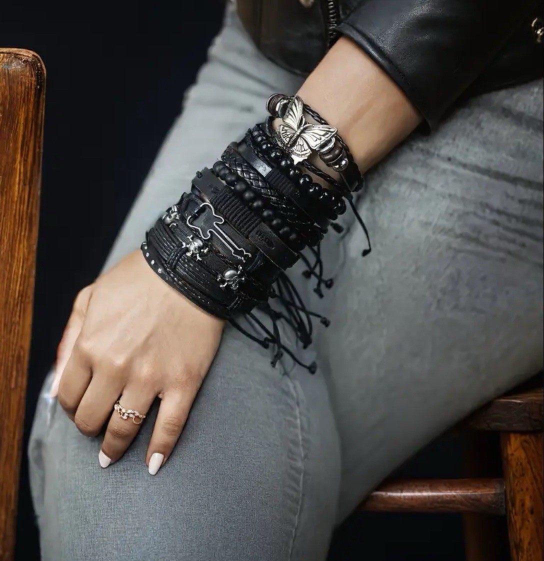 Women’s Gothic Punk Skull Bracelet Set Adjustable Black Skater Unisex Grunge