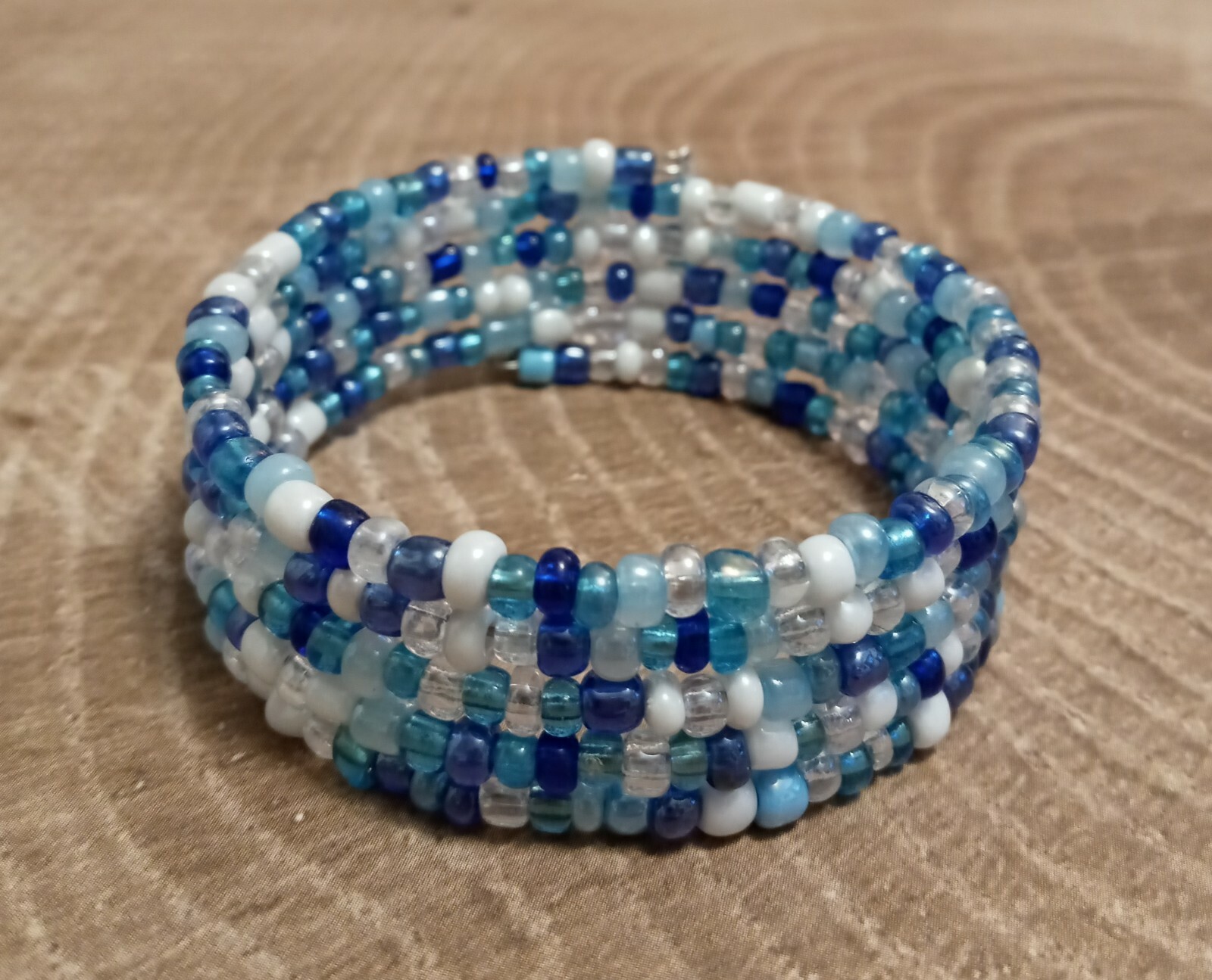 Mix of Blues White & Crystal Beaded Wrap / Coil Bracelet USA Made – Glass Beads