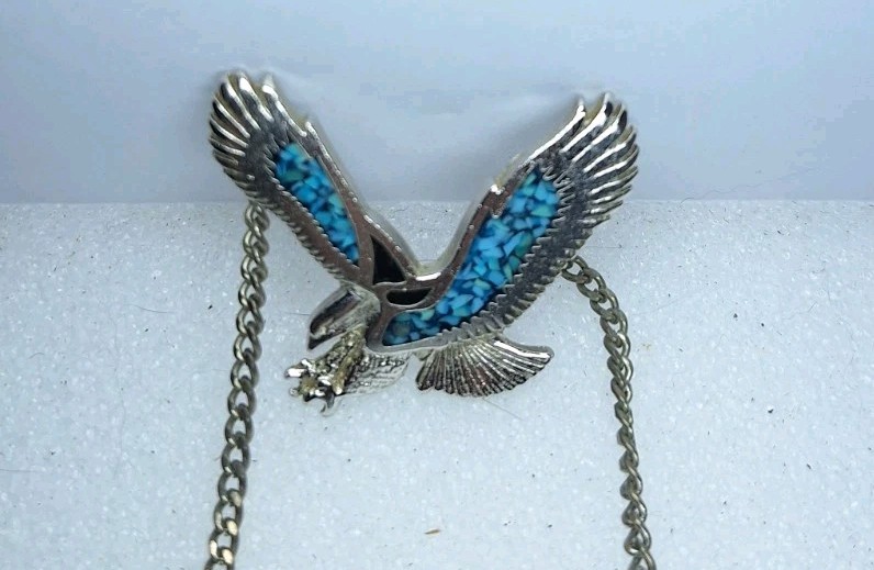 Vintage 825 Flying Eagle Necklace Pendant With Turquoise Inlay Jewelry
