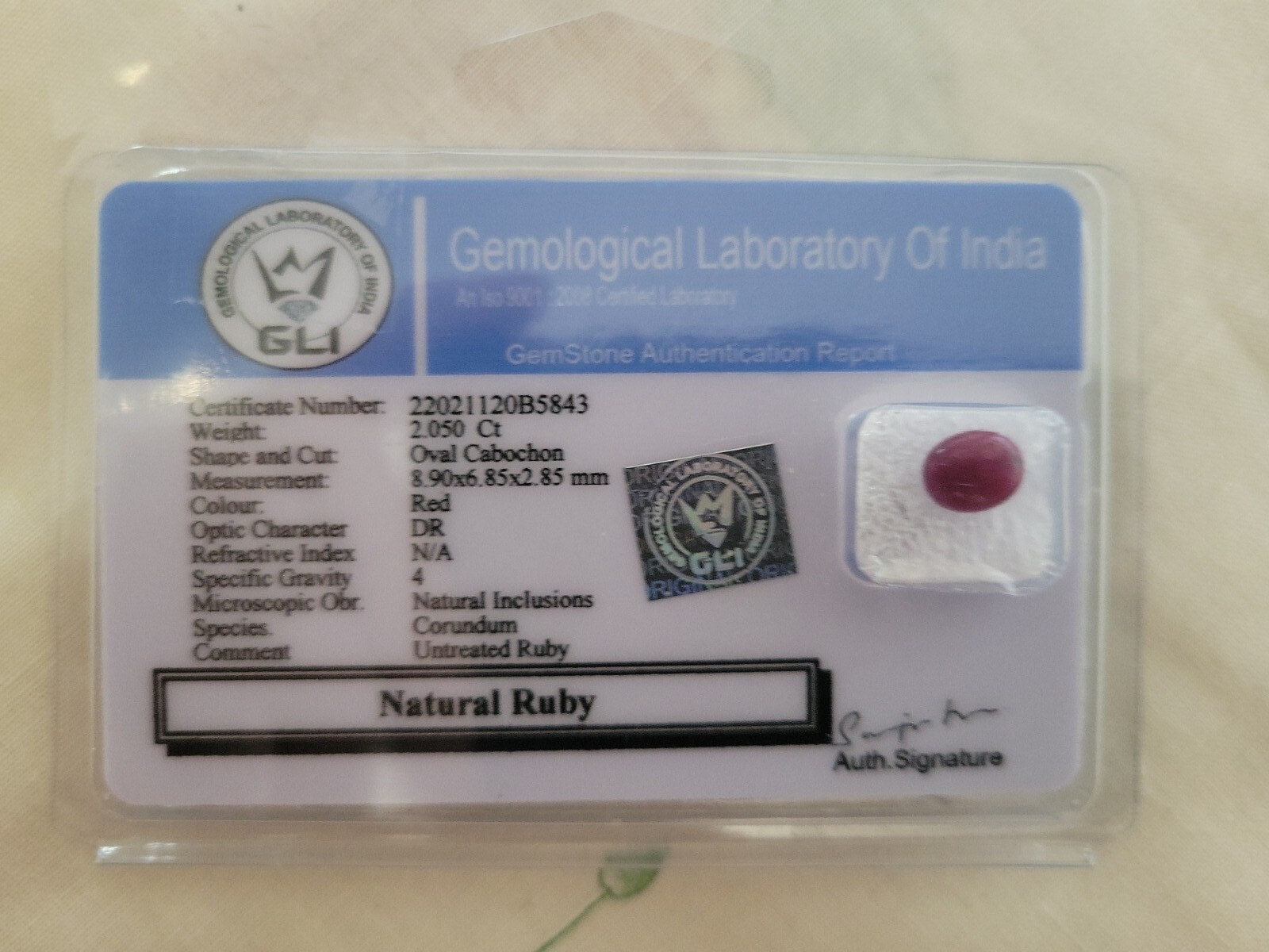 GLI Certified 2.05 Ct Natural Red Ruby Unheated Oval Cab Loose Gemstone
